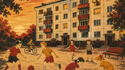 Летний вечер во дворе пятиэтажки: дети играют, в окнах загорается свет
