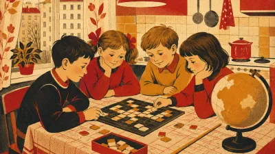 Дети за кухонным столом играют в слова, рядом глобус и указка