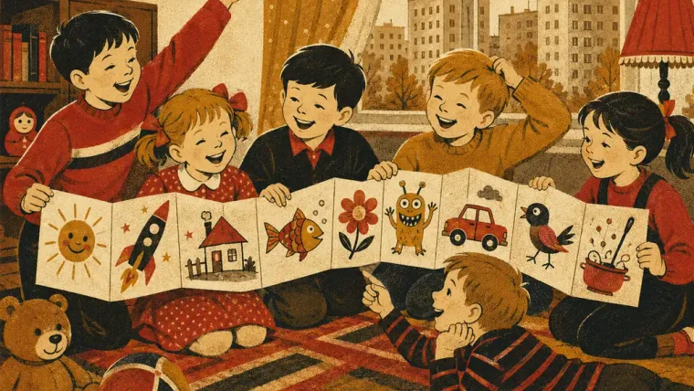 Цепочка листков с разными рисунками, дети смеются разворачивая
