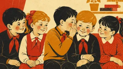 Дети сидят в ряд, один шепчет на ухо соседу