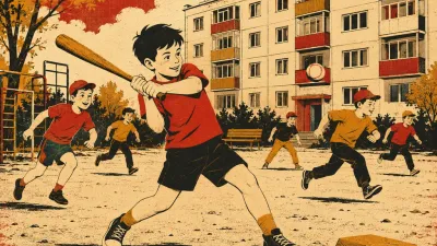 Ребёнок бьёт битой по мячу, игроки бегут через поле