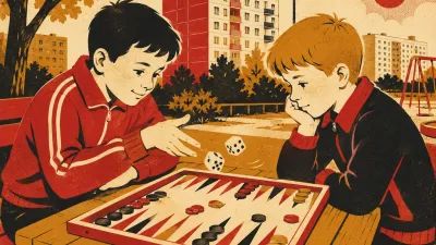 Двое склонились над доской для нард, кости в броске
