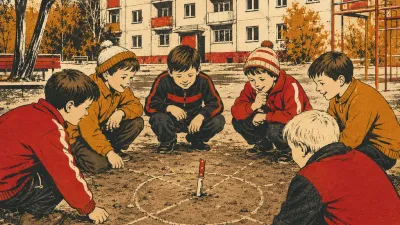 Дети сидят на земле, нож воткнут в землю, вокруг нарисованы «территории»