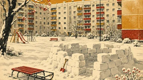 Заснеженный двор утром: санки и недостроенная крепость