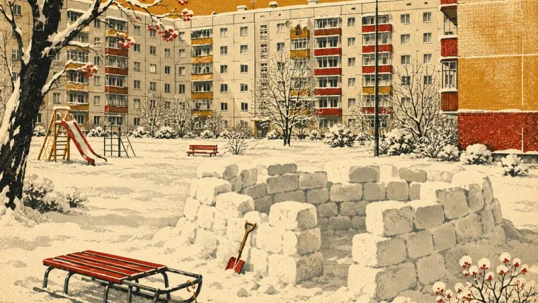 Заснеженный двор утром: санки и недостроенная крепость