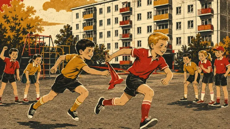 Две команды детей сражаются за флаг во дворе