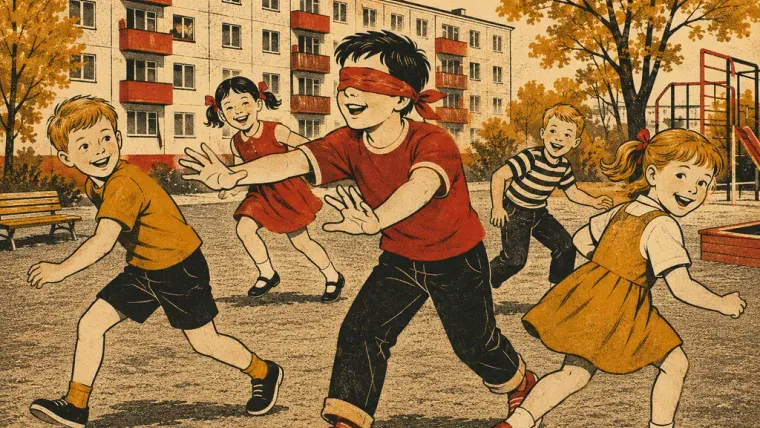 Ребёнок с завязанными глазами ловит смеющихся друзей