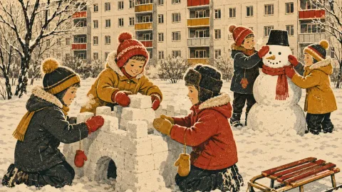 Заснеженный двор: дети строят крепость и снеговика, рядом санки